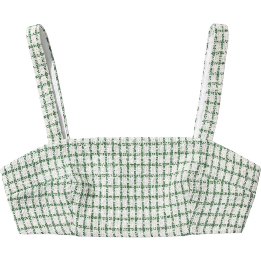 WAYF Green White Plaid Tweed Cropped Cami Top Small Smocked Back Zip